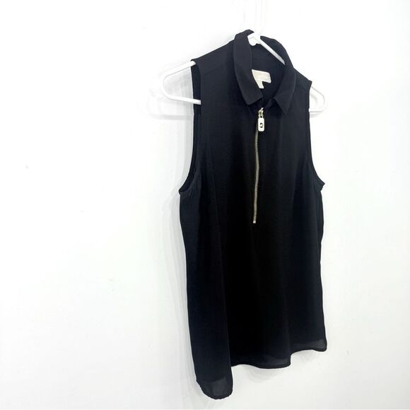 MICHAEL Michael Kors Black Semi Sheer Collared Gold Half Zip Sleeveless Blouse - Picture 3 of 14